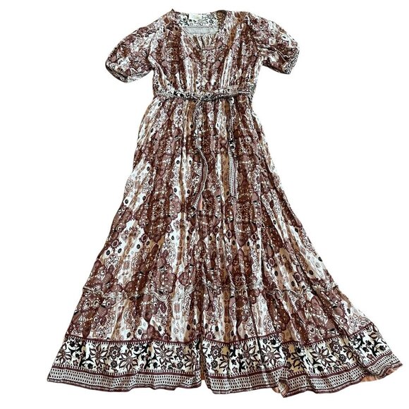 Bohme Bohemian Print Maxi Dress w/ Belt Short Sleeve Flowy Button Size XL Womens - Picture 1 of 13